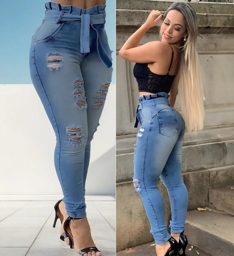 Calça EVEREST Jeans Skinny Rasgada Cintura Alta Elastano Feminina Tam. 36 ao 48 - 2 Cores