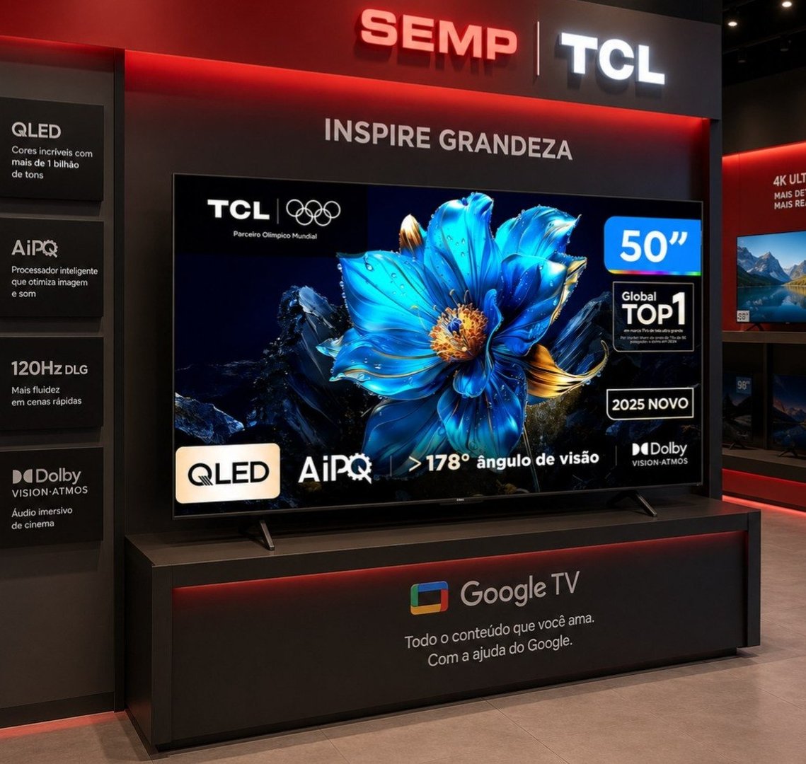 Smart TV 50" TCL 4K UHD QLED Google TV AiPQ 3 HDMI Google Assistente Comando de Voz