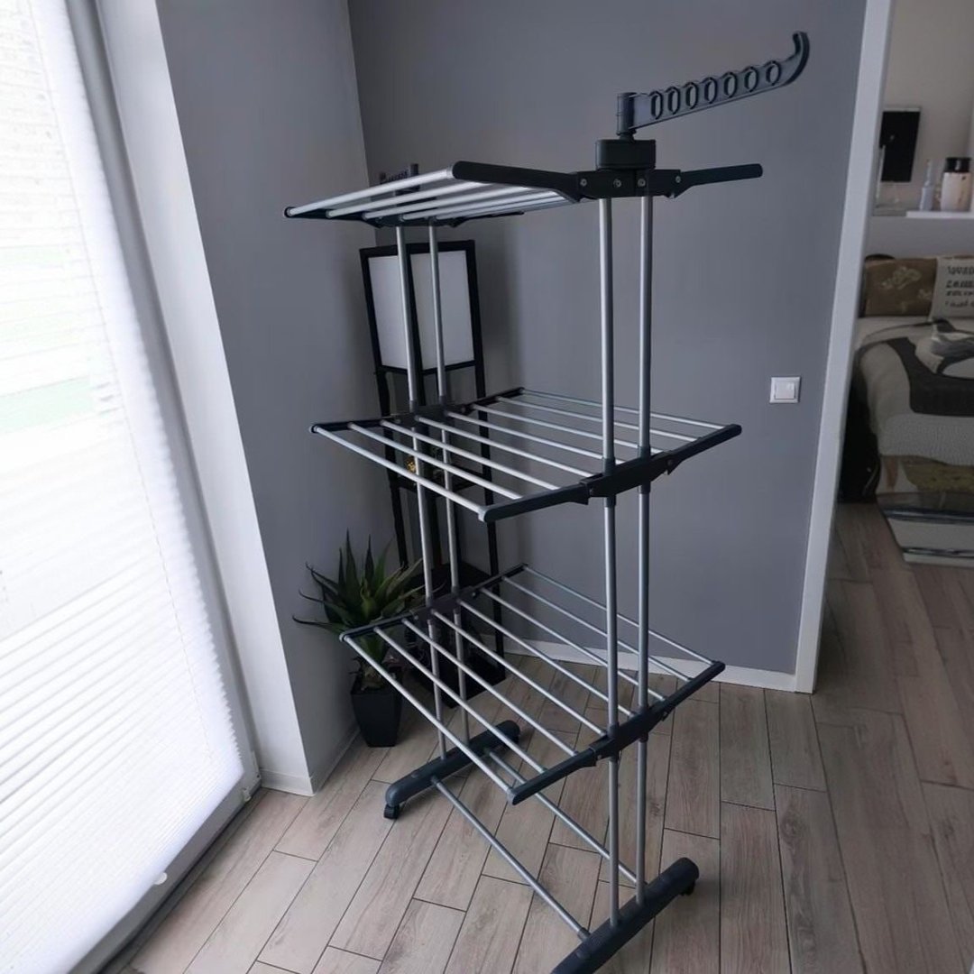 Varal De Chão Varal De Roupas 3 Andares Dobrável Grande C/ 4 Rodas Cor Preto/preto