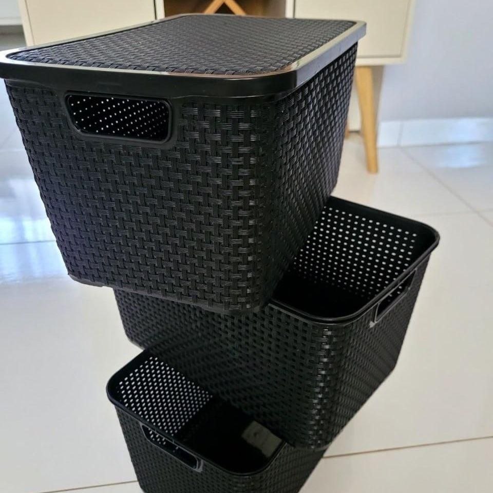 KIT C/ 6 CAIXAS ORGANIZADORAS RATTAN 7L C/TAMPA PRETA MULTIUSO DECORATIVA