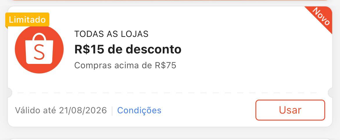 Cupom R$ 15 a partir de R$ 75 - Shopee