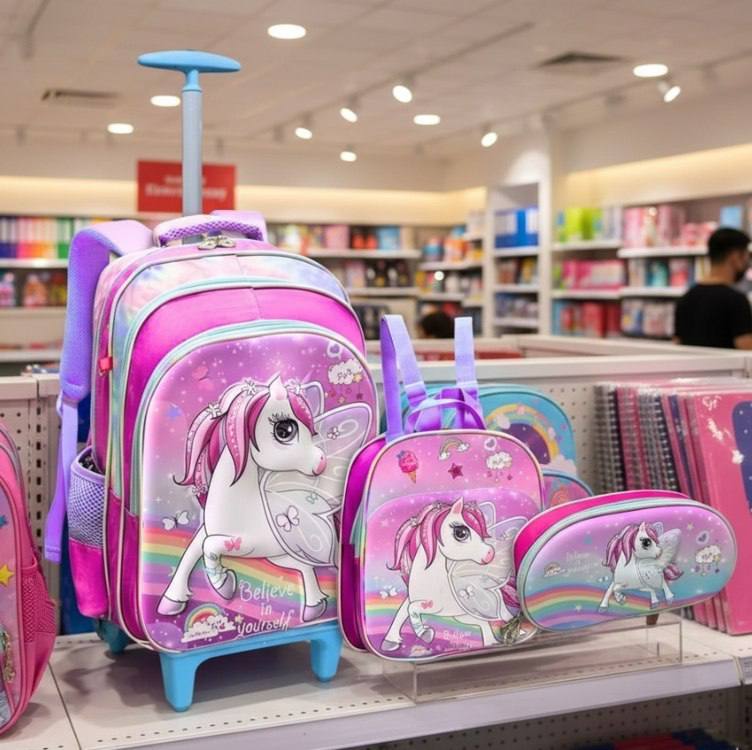 Kit Mochila Unicórnio 3d Rodinha 3 Peças Rosa Rosa Unicórnio