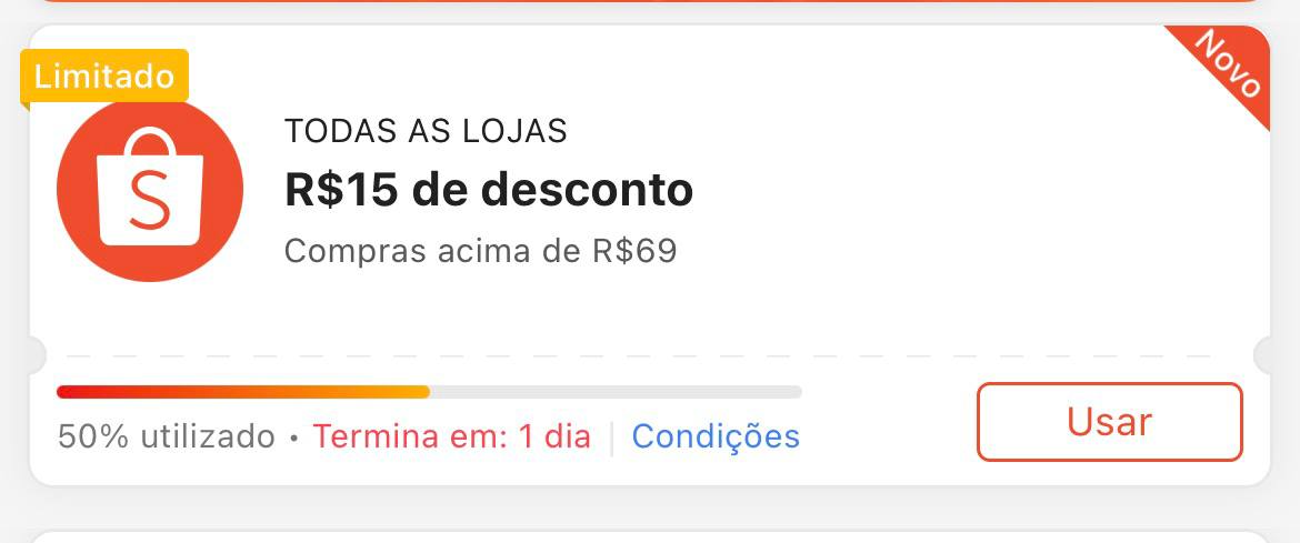 Cupom R$ 15 a partir de R$ 69 - Shopee