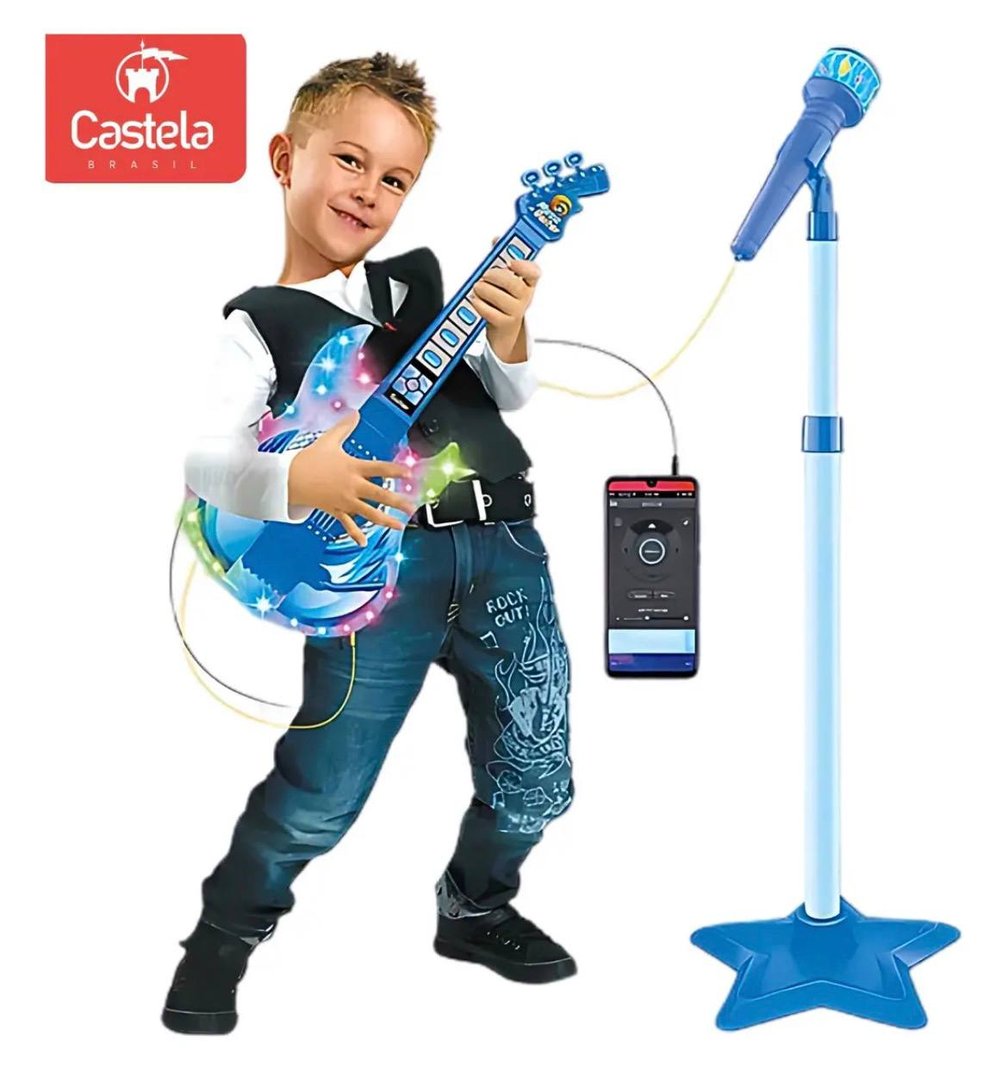 Guitarra Musical Infantil Castela Azul Com Som, Luzes e Microfone