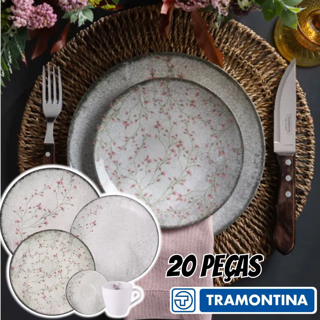 Aparelho De Jantar Tramontina Floralis Porcelana 20 Peças Cinza Florido