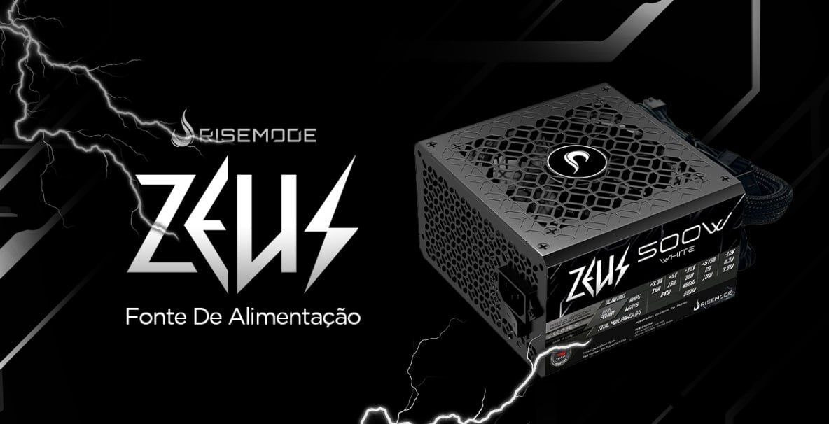 Fonte Gamer Rise Mode Zeus, 500W, PFC Ativo, Preto