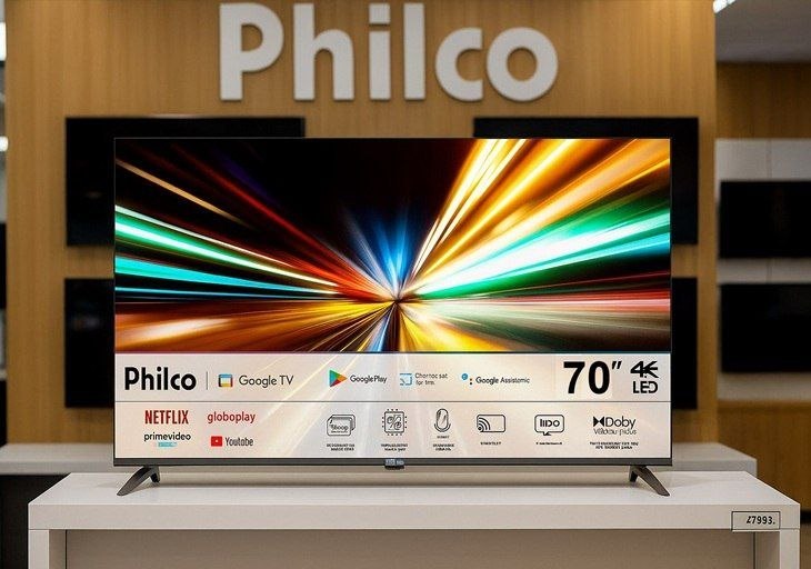 Smart TV LED 70" 4K Philco Android Dolby Audio, HDR e Processador Quad-core comando de voz