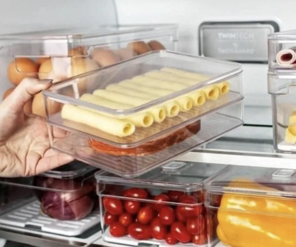 Porta Frios Duplo Organizador De Geladeira Acrílico Com Tampa Transparente