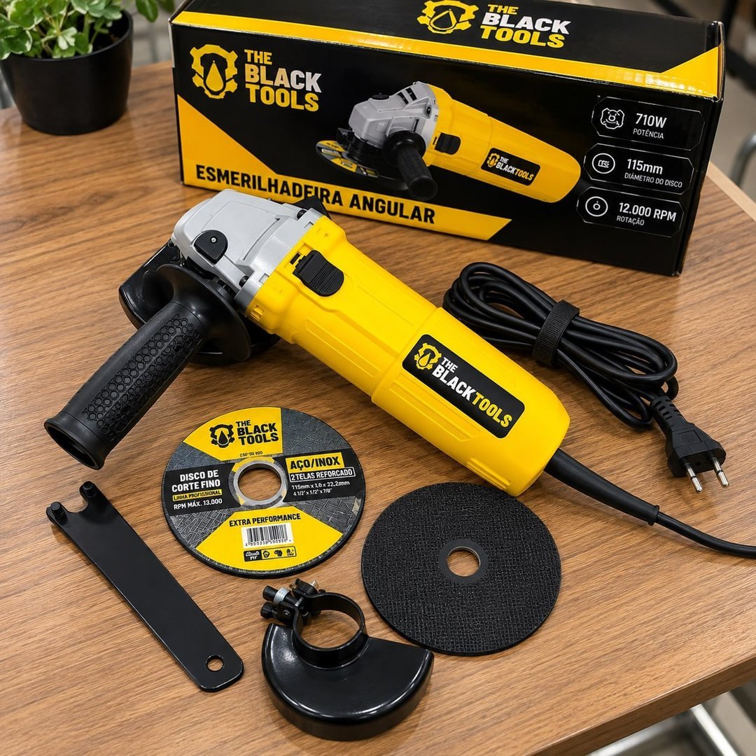Esmerilhadeira Lixadeira Angular 4.1/2 11000rpm 780w The Black Tools Cor Amarelo Com 2 Discos De Corte