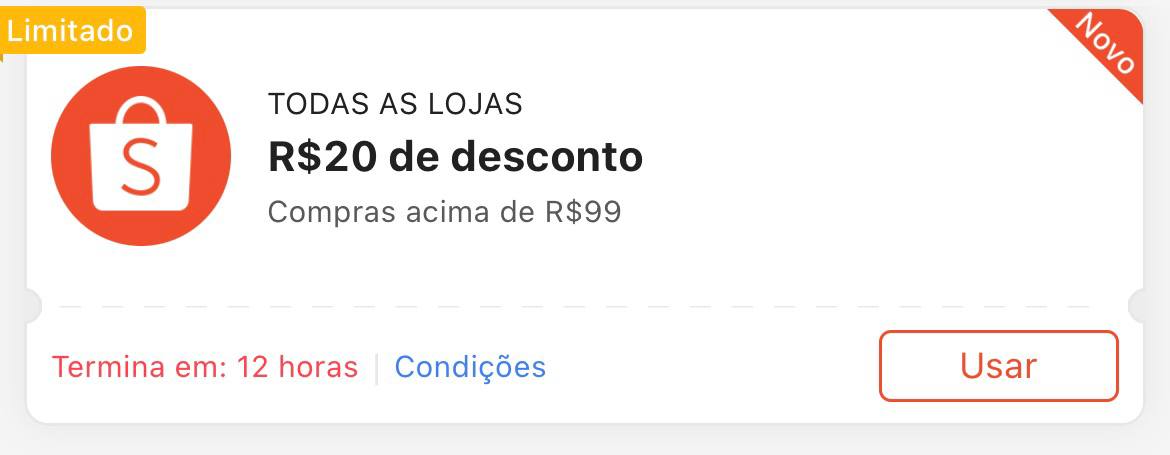 Cupom R$ 20 a partir de R$ 99 - Shopee