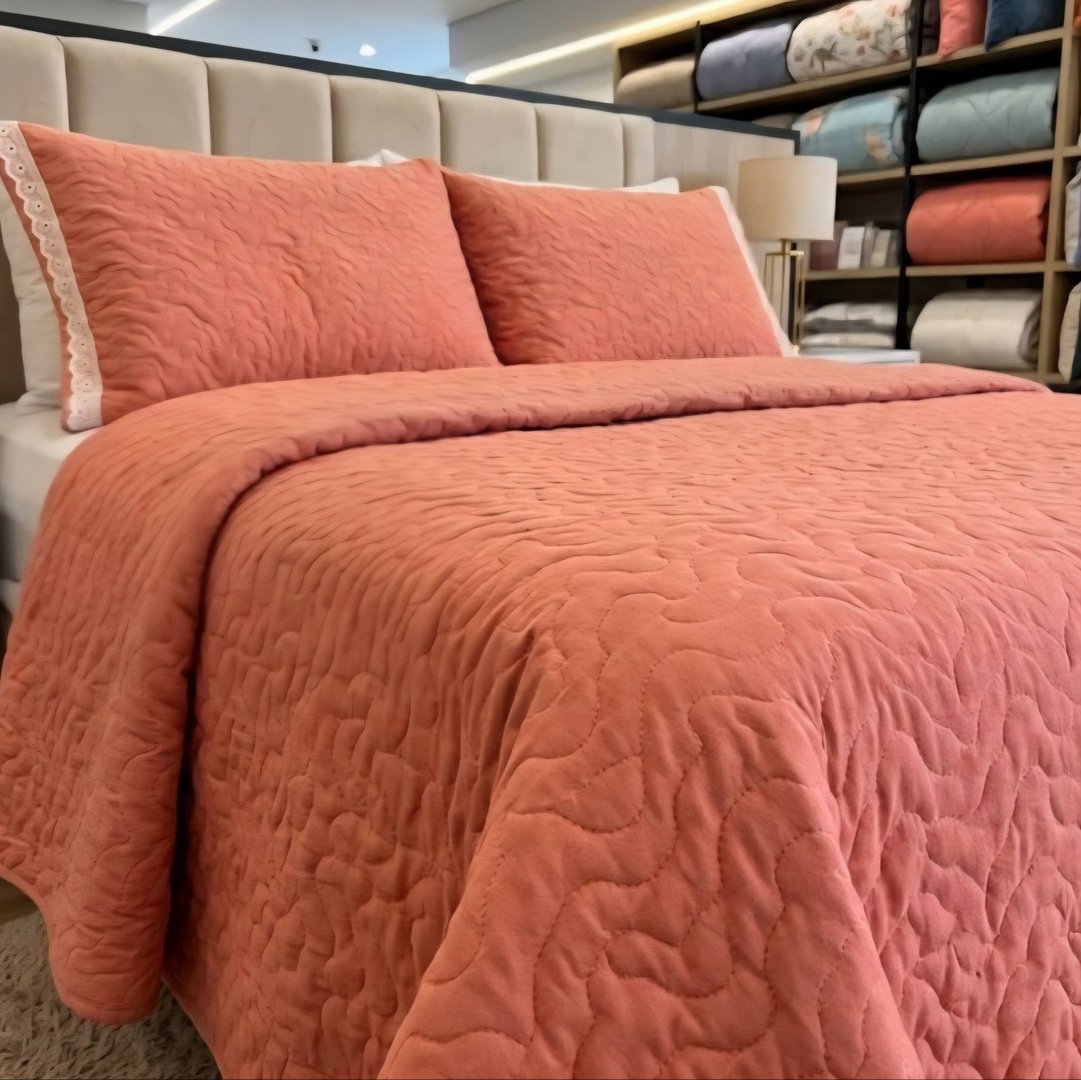 Kit Cobre Leito Casal Dupla Face Colcha 3 Peças 200 Fios Rose