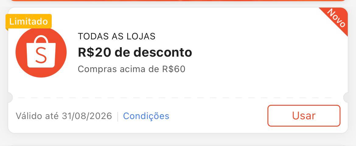 Cupom R$ 20 a partir de R$ 60 - Shopee