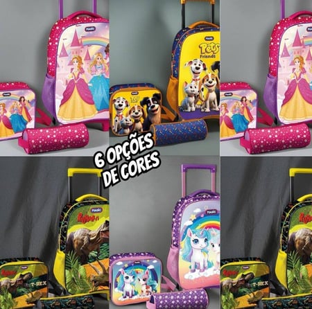 Kit De Mochila Escolar Magic Kids Mochila De Rodinhas Com Estojo E Lancheira Princesas
