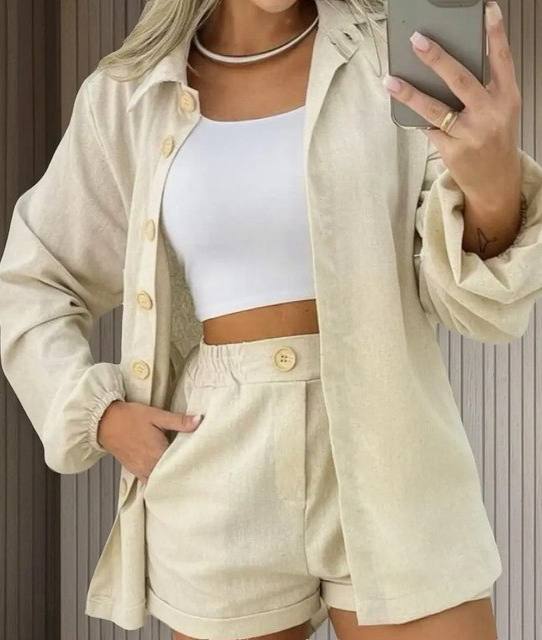 Conjunto Linho Feminino Camisa E Short Linha Premium