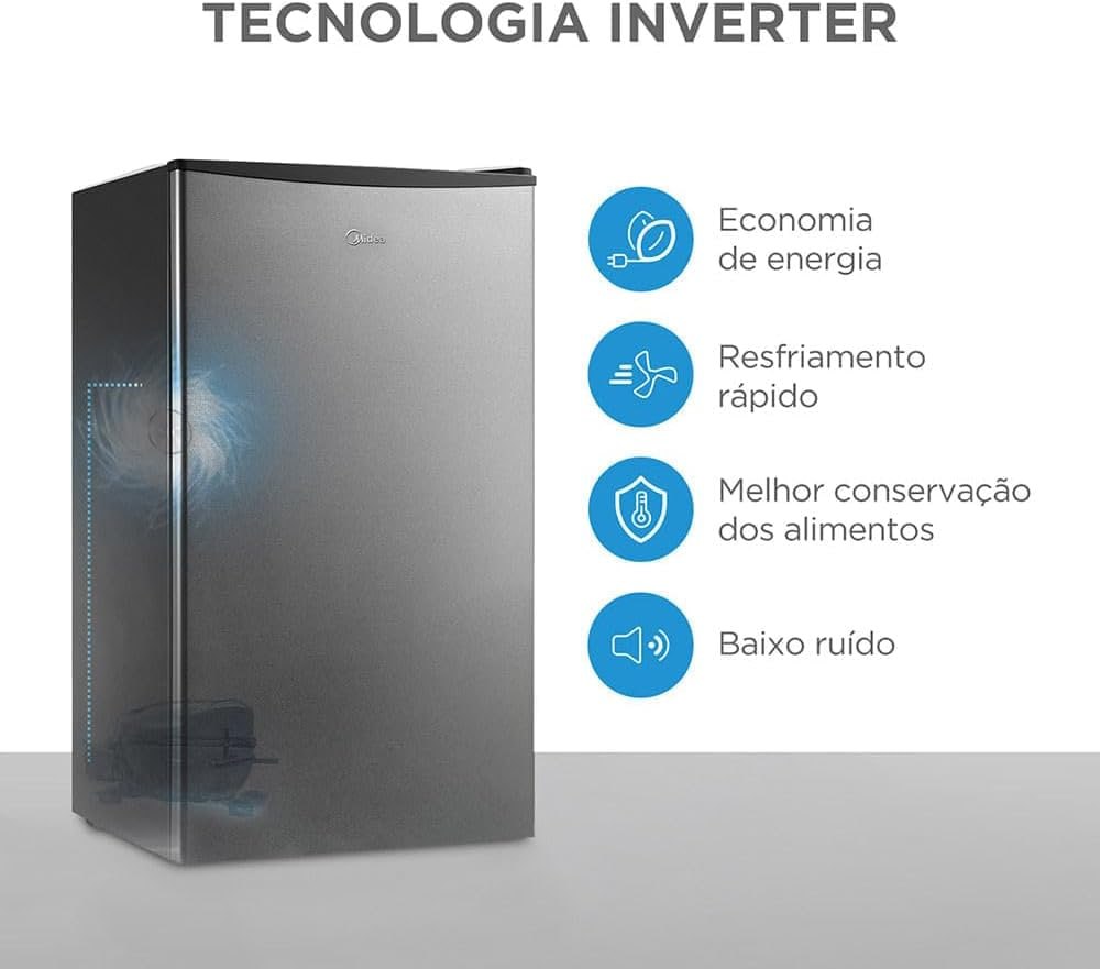 Frigobar 93 Litros Inverter Bivolt Preto com Porta na Cor Inox, Midea
