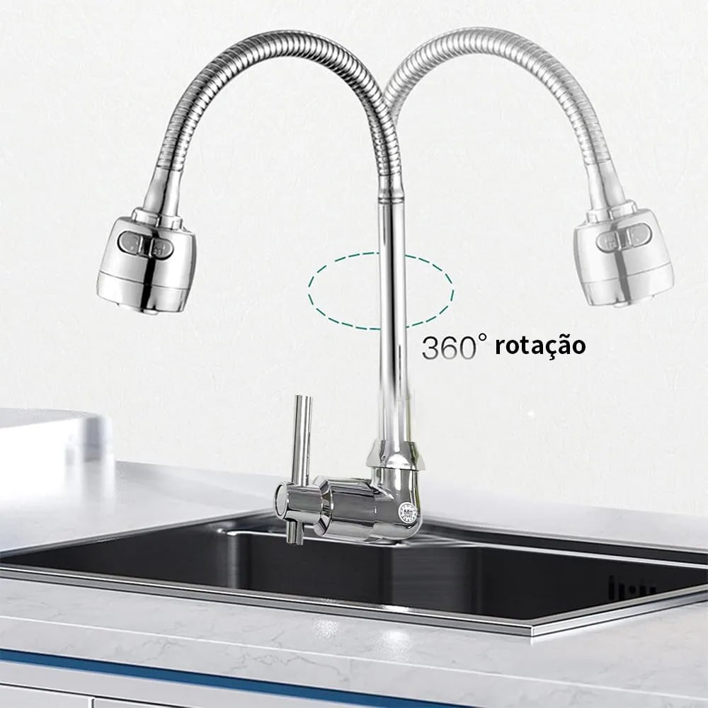 Torneira Inox Prata Com Rotação De 360° Cozinha Luxo Parede