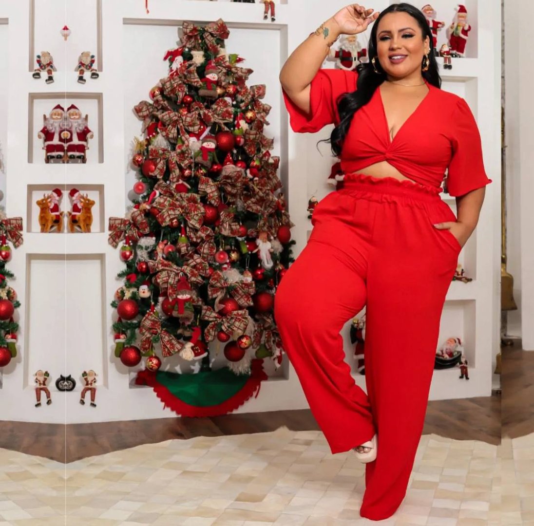 Conjunto Feminino Plus Size Elegante Pantalona Cropped Luxo