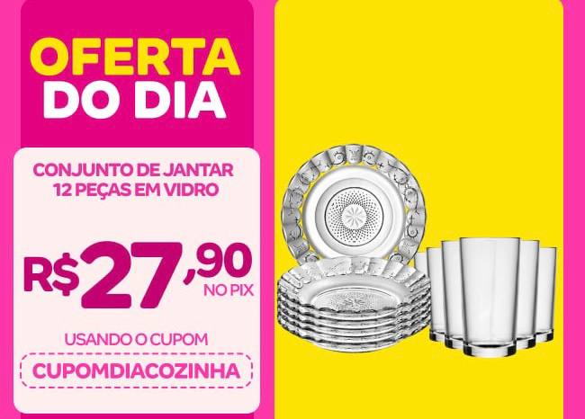 Conjunto Jantar 12 Peças Vidro Transparente Alto Relevo: 6 Pratos e 6 Copos Elegantes - Suas Compras Shop
