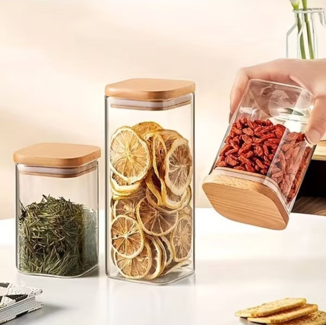 Conjunto de Potes Herméticos com Tampa de Bambu - 3 peças