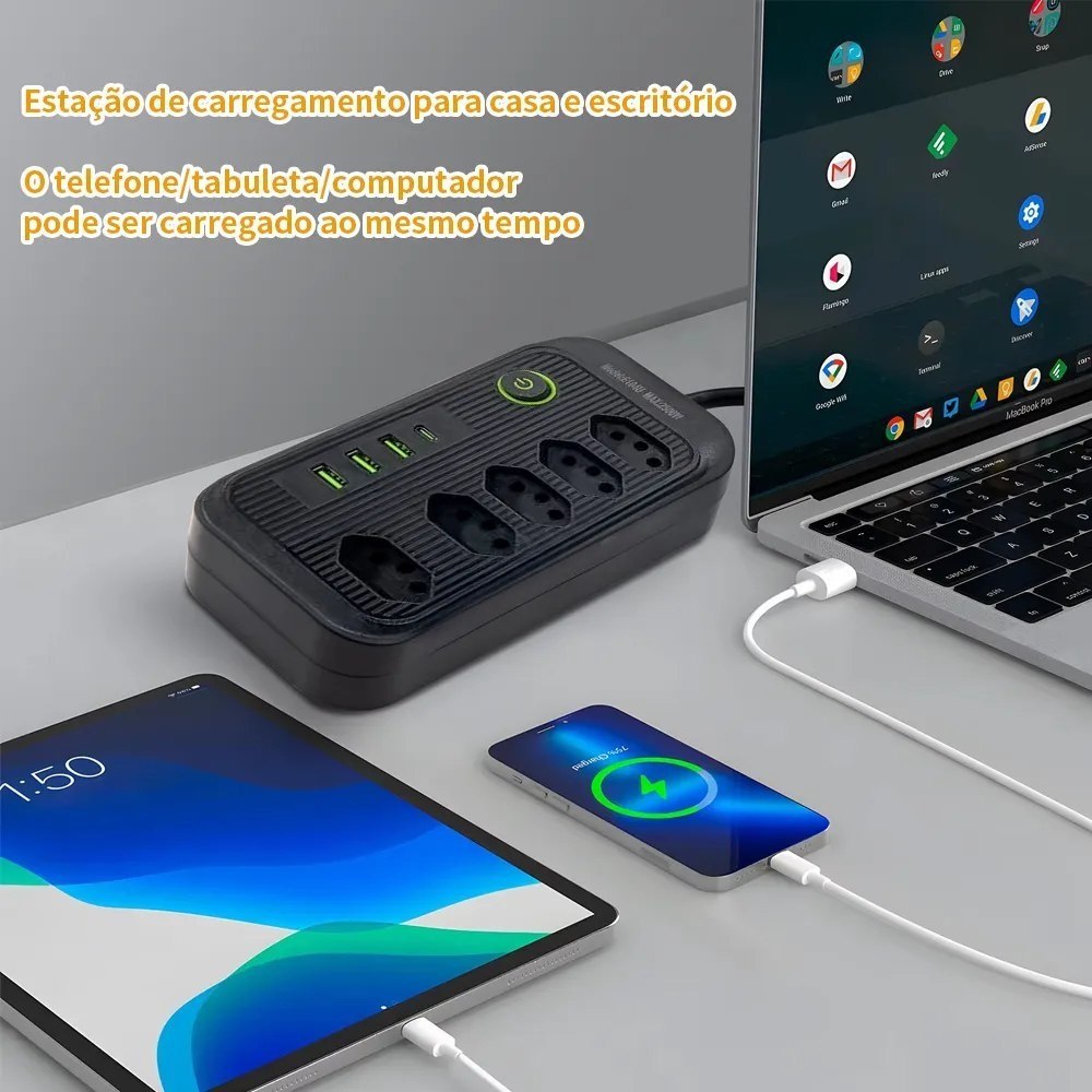 Extensão 5 Tomadas E 3 Usb 1 Pd Led Bivolt Power 110v/220v