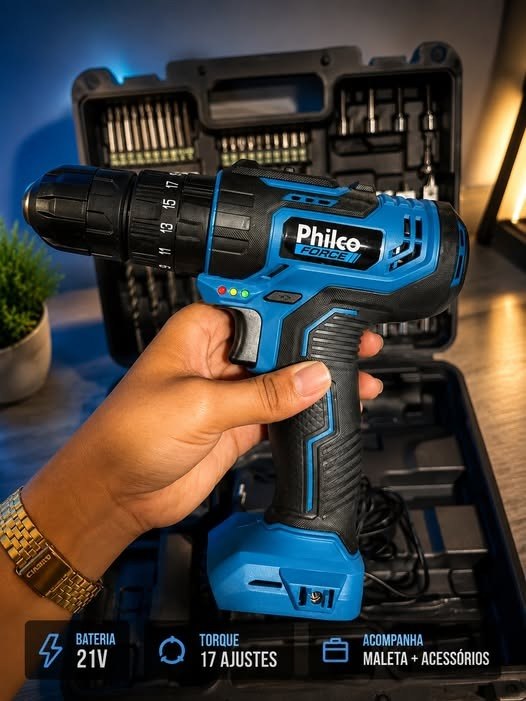 Parafusadeira Furadeira De Impacto Profissional 21v 3/8 10mm Philco Ppf21mf Com Maleta E 7...