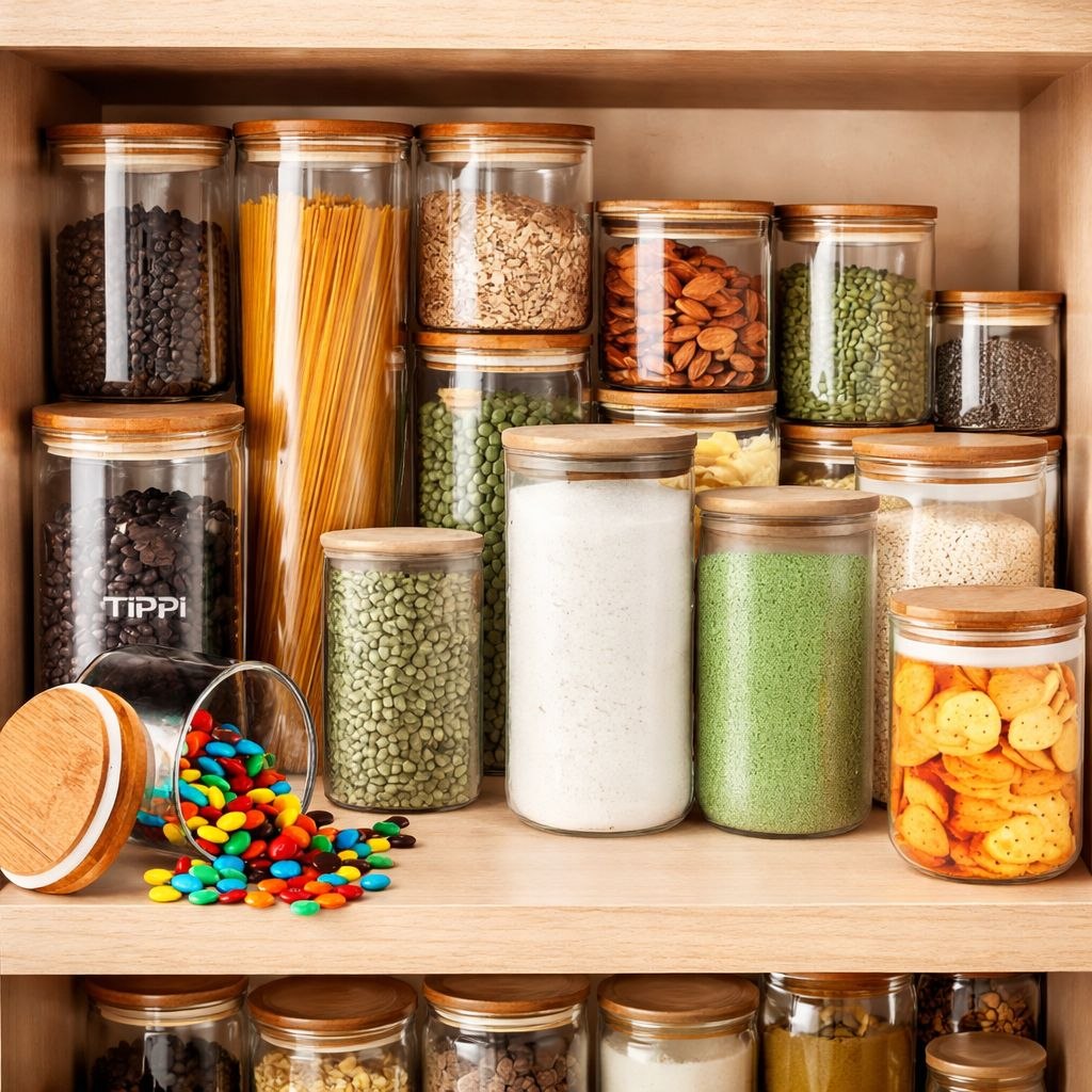 Kit 13 Potes De Vidro Herméticos Com Tampa De Bambu Organizador Para Mantimentos Grãos Caf...