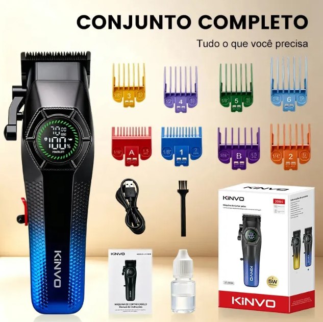 Máquina de Cortar Cabelo Profissional Elétrica KiNVO Recarregável Sem Fio Com Tela Digital