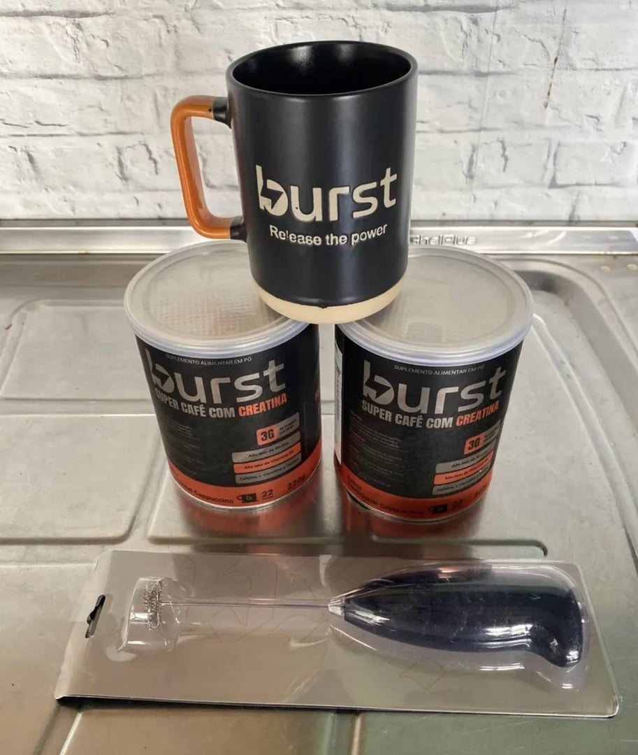 Super Café Com Creatina Burst - Kit 2 Latas + Caneca + Mixer Cappuccino