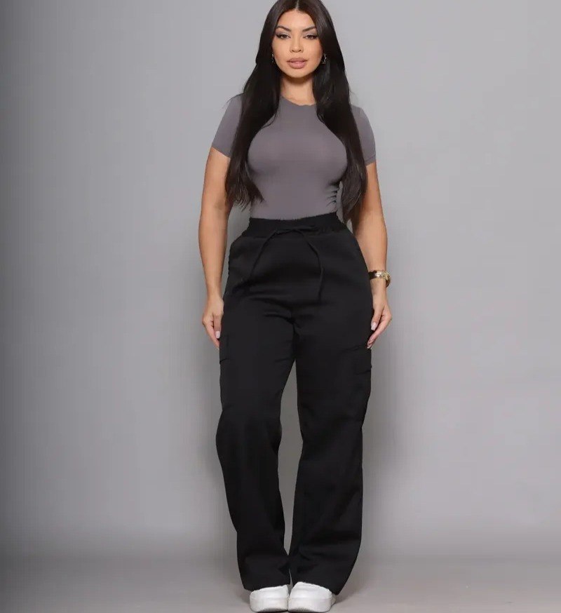 Calça Pantalona Wide Leg Feminina Com Bolso Cargo Tam. P/M/G - 8 cores