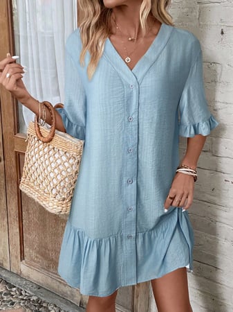 EMERY ROSE Vestido Casual de Manga Curta com Botões na Frente e Cor Sólida, Ideal para Cob...