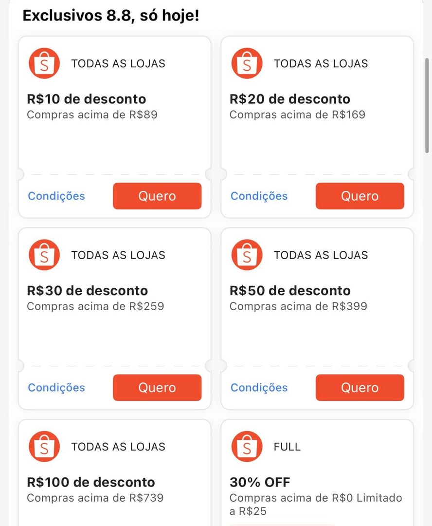Cupons 8.8 Liberados - Shopee
