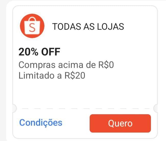 Cupom 20% limitado a R$ 20 - Shopee