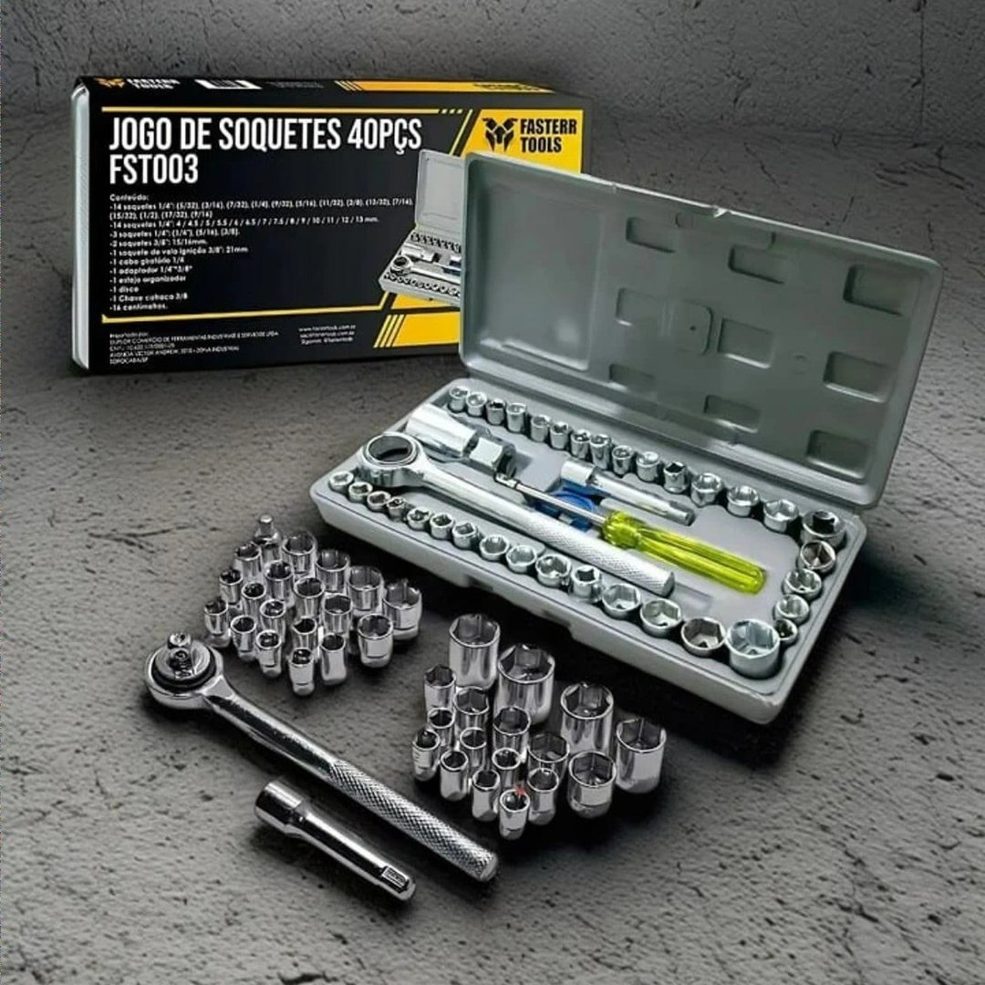 Jogo Soquetes Sextavado Fasterr C/ Catraca 40 Pçs C/ Estojo