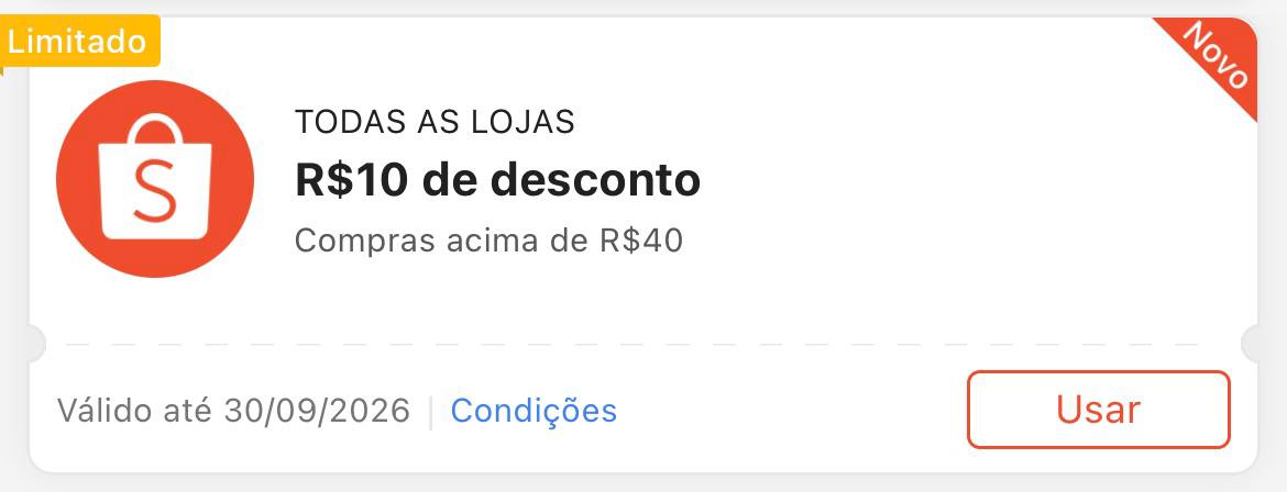 Cupom R$ 10 a partir de R$ 40 - Shopee