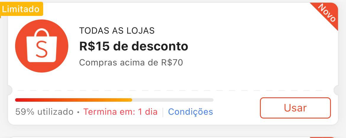 Cupom R$ 15 a partir de R$ 70 - Shopee