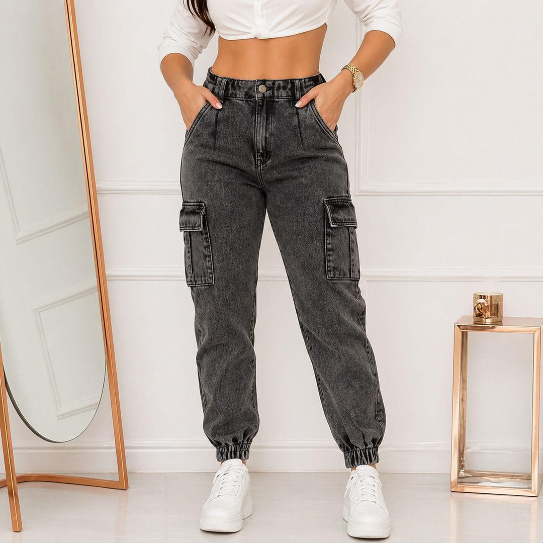 Calça Jogger Jeans Feminina Com Bolso