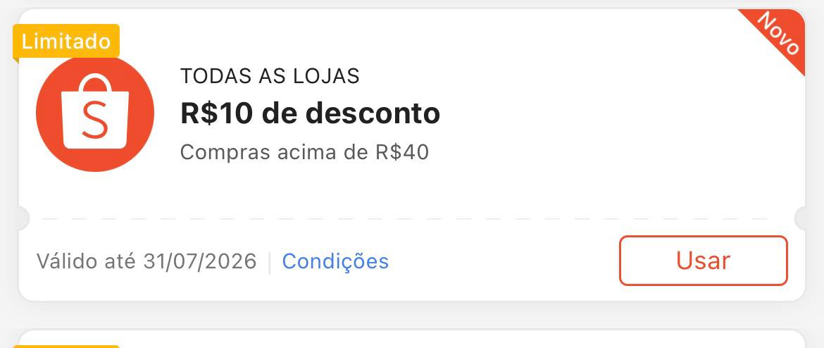 Cupom R$ 10 a partir de R$ 40 - Shopee