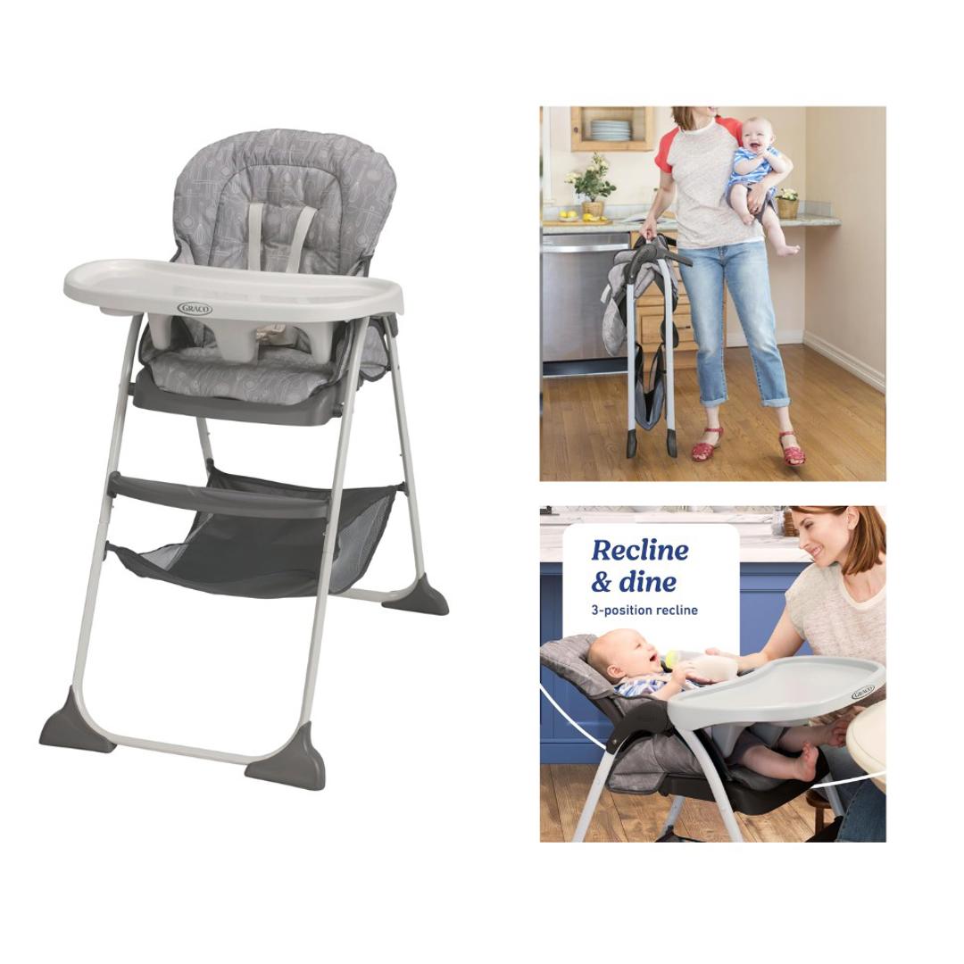 Graco Cadeira de Alimentação e Refeição Infantil Alta Dobrável e Reclinável Slim Snacker Cinza