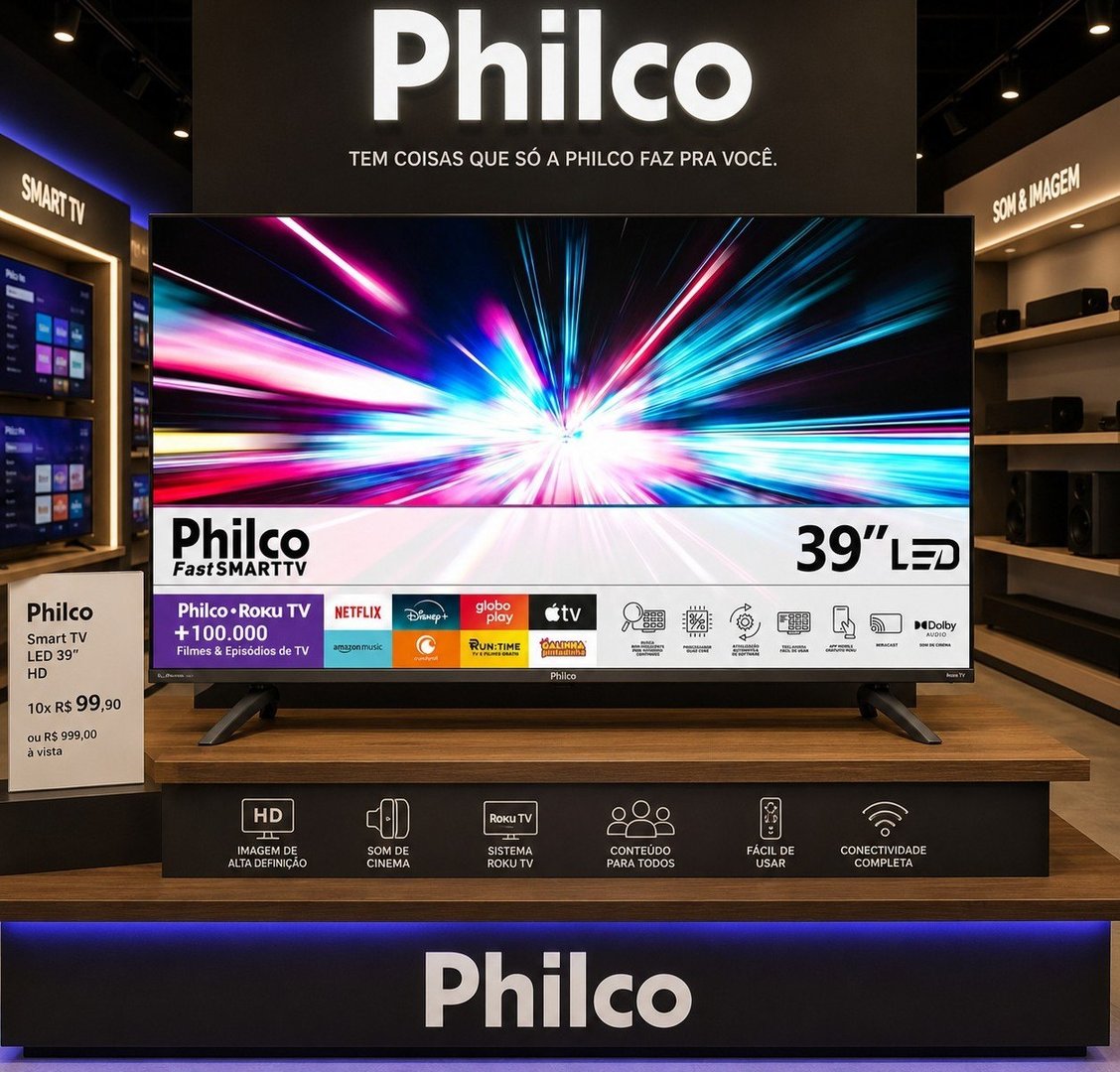 Smart TV 39" Philco LED Roku TV Dolby Audio Processador QuadCore HDMI USB