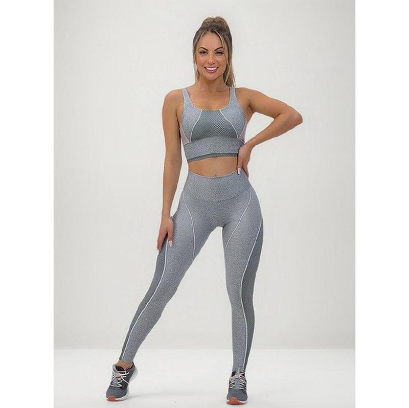 Conjunto Feminino Fitness Space Silver Cinza Rosa