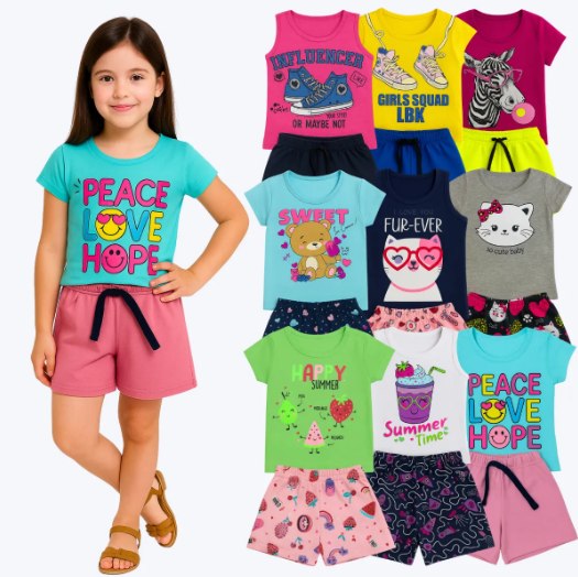 Kit 10 Peças de Roupa Infantil Ekids Menina 5 Camisas e 5 Shorts - Tam. 1 a 10