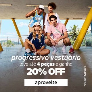 Descontos progressivos em vestuário Netshoes 

LEVE 2 PEÇAS E GANHE 10%; 
3 PEÇAS 15% 
E 4...