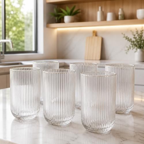 Kit 6 Copos de Vidro Canelado 420 ml com Borda Dourada para Água, Sucos e Drinks, Mesa ...