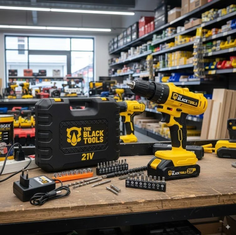 Parafusadeira Furadeira De Impacto A Bateria 21v 3/8 Bivolt 1400 Rpm Com Acessórios E Maleta Tb-21pzw The Black Tools Amarelo 127/220v 60 Hz