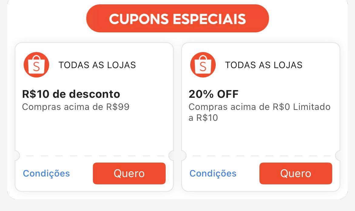 Cupons Especiais Liberados - Shopee