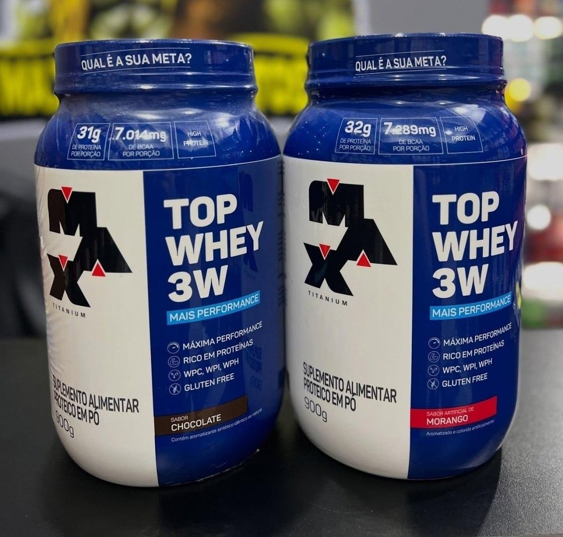 Top Whey 3W (900g) - Sabor Mais Performance - Chocolate, Max Titanium