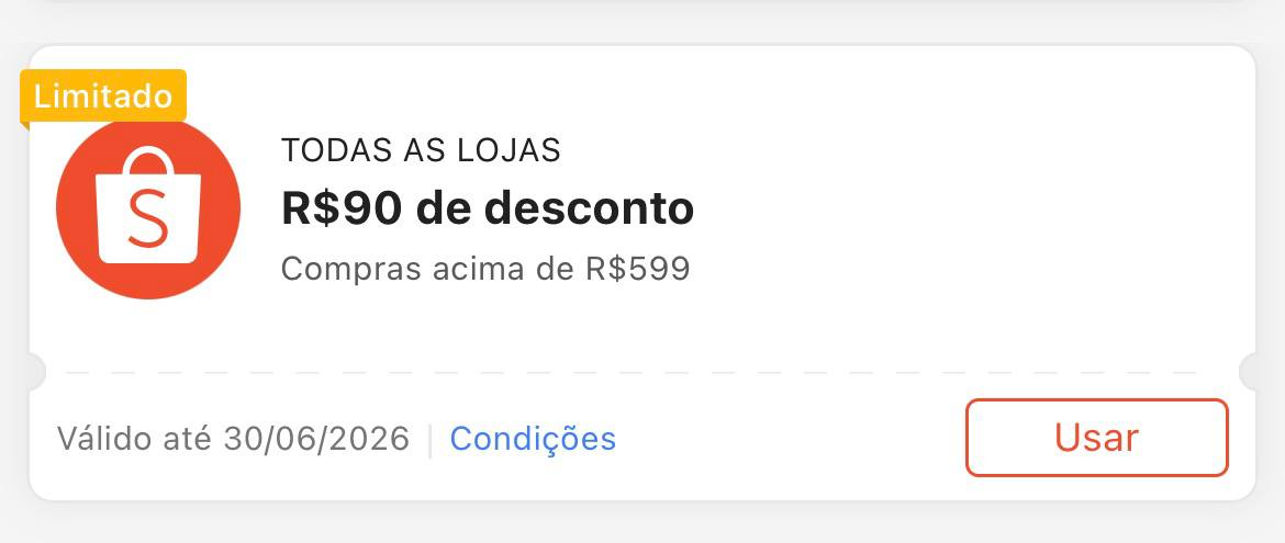 Cupom R$ 90 a partir de R$ 599 - Shopee