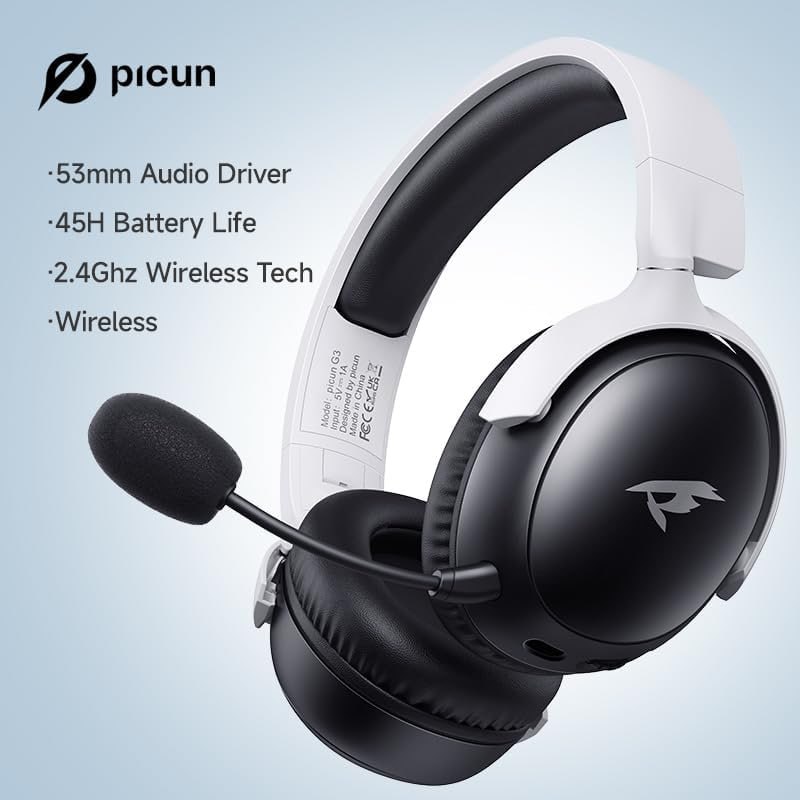 Headset Sem Fio 2.4GHz Picun-G3 Baixa Latência, Áudio Espacial 3D, ENC Mic