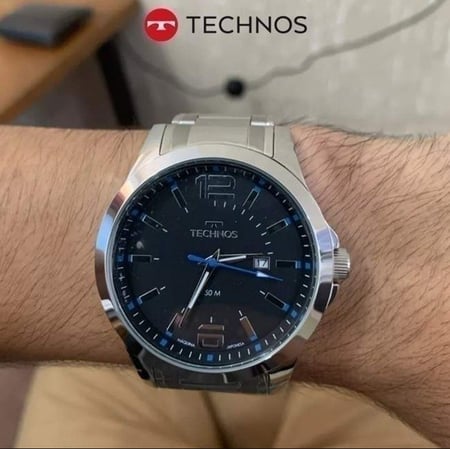 Relógio Technos Masculino 2115gu/1a Detalhe Azul Ou Vermelho Cor Da Correia Prata Cor Do B...