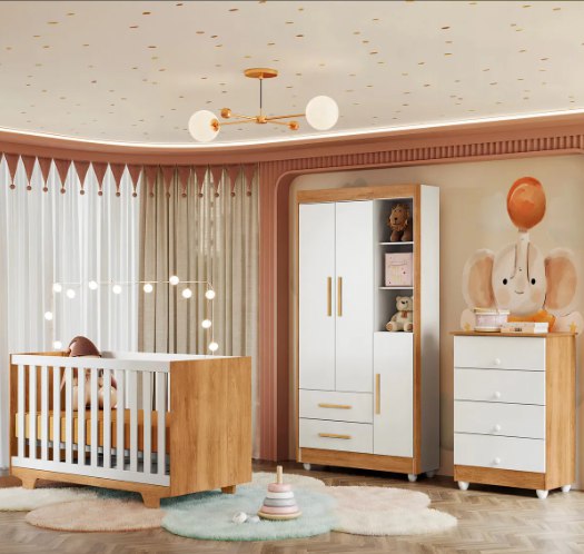 Quarto De Bebê Completo 100% MDF Com Cômoda Berço e Guarda Roupas